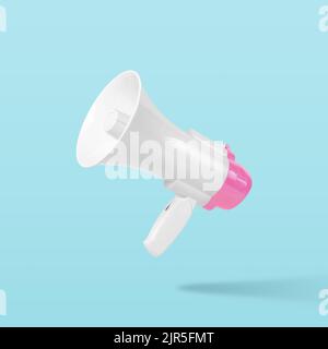 White-pink megaphone on pastel blue background. Minimal advertising concept. Stock Photo
