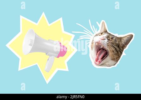Cat head with white-pink megaphone, collage pop art concept design. Minimal advertising background. Stock Photo