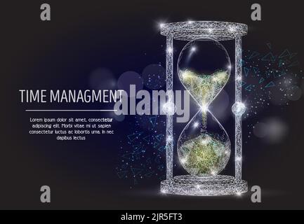 Vector polygonal art style hourglass. Sandglass low poly wireframe mesh with scattered particles and light effects on dark blue background. Time manag Stock Vector