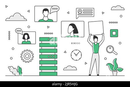 Network sharing information. People digital communication and info exchange vector monocolor illustration Stock Vector