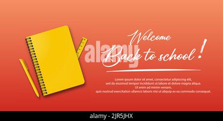 Back to school. Holiday for students. Banner concept with notebook and pen on autumn background. Small handwritten text back to school. Place for text Stock Vector