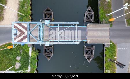 Top view aerial with drone of a Draw Bridge over the canal Dessel-Schoten in Rijkevorsel, Antwerp, Belgium. High quality photo Stock Photo
