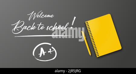 Holiday for students. Back to school. Banner concept with notebook and pen on black background. Place for text. Education poster. Small handwritten te Stock Vector