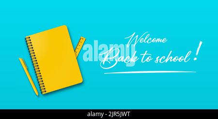 Back to school. Holiday for students. Banner concept with notebook and pen on turquoise or light blue background. Small handwritten text back to schoo Stock Vector
