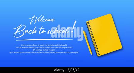 Back to school. Holiday for students. Banner concept with notebook and pen on blue background. Small handwritten text back to school. Place for text. Stock Vector