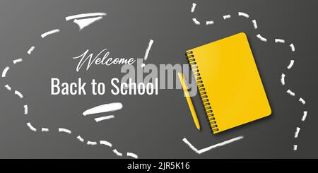 Holiday for students. Back to school. Banner concept with notebook and pen on black background. Place for text. Education poster. Small handwritten te Stock Vector