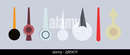 Arrows for clock, compass, measuring instrument. Meter equipment elements cartoon graphic. Vintage flat icon set. Vector isolated illustration. Stock Vector