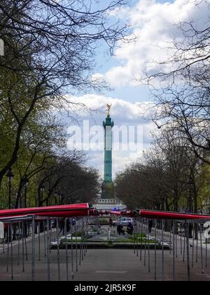 Empty market area on a non-market day with July Column in the background at Place Bastille, Paris, France. Stock Photo