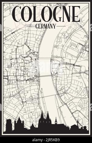 Hand-drawn panoramic city skyline poster with downtown streets network of COLOGNE, GERMANY Stock Vector