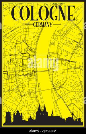 Hand-drawn panoramic city skyline poster with downtown streets network of COLOGNE, GERMANY Stock Vector