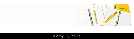 On the table are open and closed notebooks or notepad, a pen and a ruler arranged randomly. Illustration on a white background. Place for your text. F Stock Vector