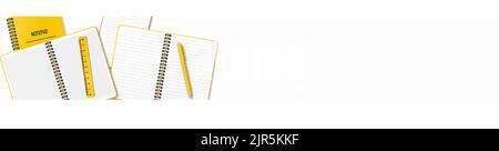 On the table are open and closed notebooks or notepad, a pen and a ruler arranged randomly. Illustration on a white background. Place for your text. F Stock Vector