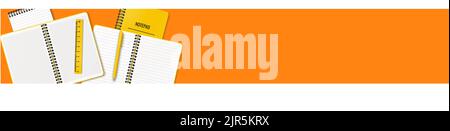 On the table are open and closed notebooks or notepad, a pen and a ruler arranged randomly. Illustration on a orange background. Place for your text. Stock Vector