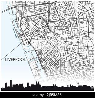 City map and silhouette of the north west English city of Liverpool Stock Photo