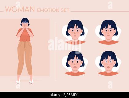 Confused young woman semi flat color character emotions set Stock Vector