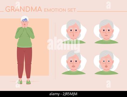 Scared senior woman semi flat color character emotions set Stock Vector