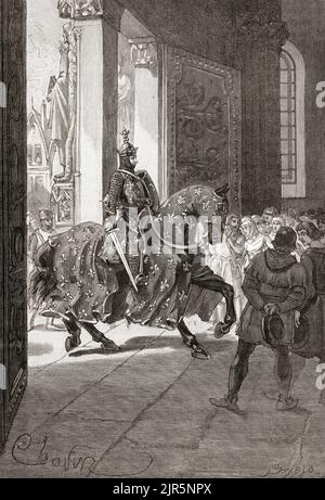 Philip IV of France enters Notre Dame on horseback to thank God for having escaped during the Battle of the Golden Spurs against the Flemish in 1302.  Philip was victorious in the overall Franco-Flemish War and donated his equestrian effigy to Notre Dame.  Philip IV, 1268 – 1314, called Philip the Fair.  King of France, 1285 - 1314 and King of Navarre as Philip I through his marriage to Joan I of Navarre.  From Histoire de France, published 1855. Stock Photo