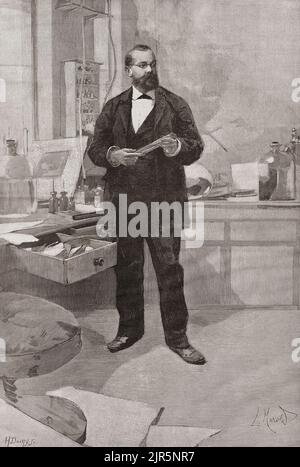 Heinrich Hermann Robert Koch, 1843 – 1910.  German physician and microbiologist.   Robert Koch was awarded the Nobel Prize in Physiology or Medicine in 1905.  Seen in his laboratory in this 19th century illustration. Stock Photo