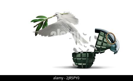 End the war concept as a grenade weapon and flowers as a symbol for peace and hope as an unexploded bomb or disarmed explosive device. Stock Photo