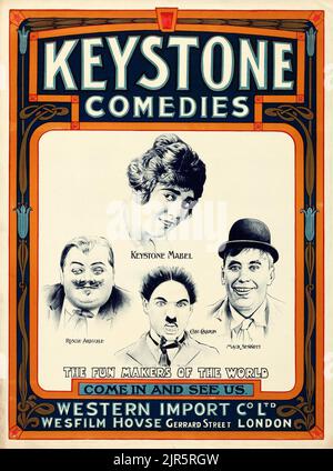 Vintage film poster - Keystone Comedy Players (Keystone:Wesfilm, c. 1910s). Stock British. Feat. Keystone Mabel, Charlie Chaplin (Chas Chaplin), Roscoe Arbuckle (Fatty), Mack Sennett. An early appearance for Charlie Chaplin. Stock Photo