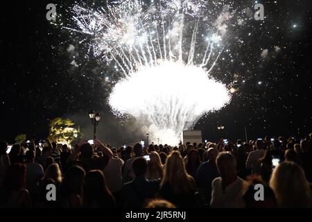 parga greece, fireworks show on night sky at celebration 15 august 2022 in parga town in greece, epirus Stock Photo