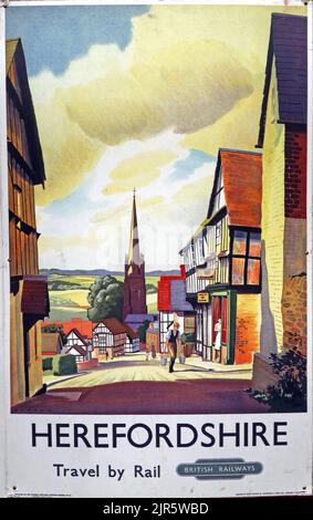 Poster showing Herefordshire, travel by rail, 1950s using British railways, England, UK Stock Photo