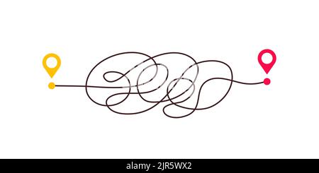 Difficult way, chaos path from point A to B. Complex chaos simplifying concept. Easy simple way. Vector illustration Stock Vector