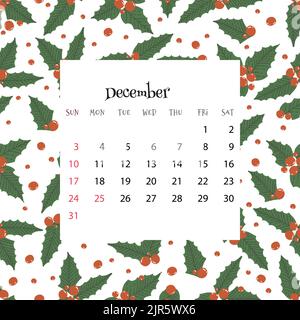 2023 Calendar for December. Vector illustration of month calendar on seamless pattern with Holly leaves and berries in cartoon flat style. Colorful Stock Vector