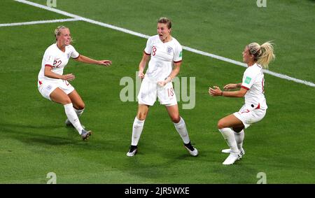 File photo dated 02-07-2019 of England's Ellen White (centre). England’s all-time record women’s goalscorer Ellen White has announced her retirement from football with immediate effect. Issue date: Monday August 22, 2022. Stock Photo