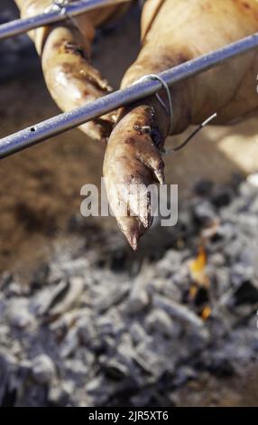 Detail of grilled greasy meat, party and celebration Stock Photo