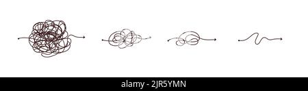 Simple line and complex easy way. Scribble doodle chaos mindset. Problem solving, difficult line. Vector hand drawn concept path Stock Vector