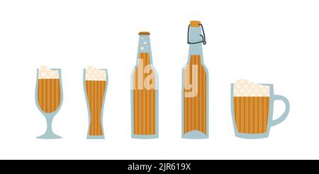 Vector stylized set of beer bottles and beer mugs. Perfect for a pub menu. Stock Vector