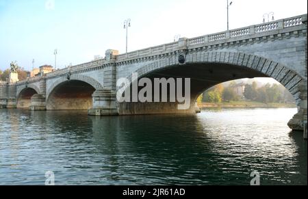 The river Po in Turin through the historic center of the city and you can see the Mole Antonelliana, the Valentino castle, the Isabella bridge. Stock Photo