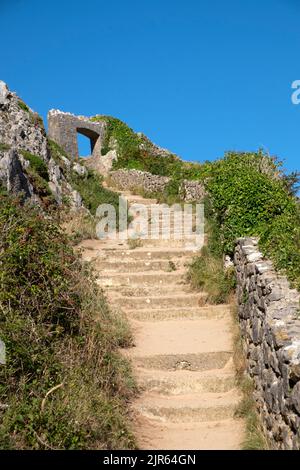 Verticle view of stone steps and arch archway leading from fields near Stackpole to Barafundle Bay in Pembrokeshire Wales UK   KATHY DEWITT Stock Photo