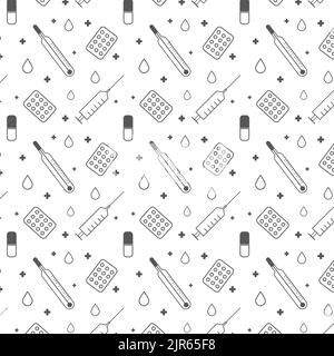 medical pattern with images of a thermometer syringe of tablets in a blister and pills of a cross and drops Stock Vector