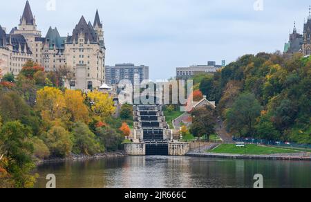 Rideau Canal Rideau Waterway autumn red leaves scenery. Fall foliage in Ottawa, Ontario, Canada. Stock Photo