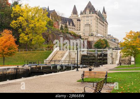 Rideau Canal Rideau Waterway autumn red leaves scenery. Fall foliage in Ottawa, Ontario, Canada. Stock Photo