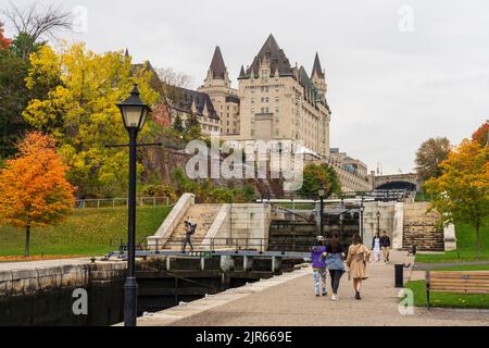 Rideau Canal Rideau Waterway autumn red leaves scenery. Fall foliage in Ottawa, Ontario, Canada. Stock Photo