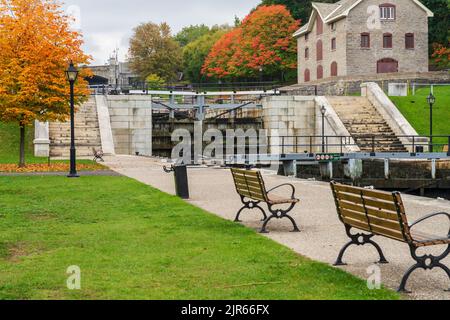 Rideau Canal Rideau Waterway autumn red leaves scenery. Fall foliage in Ottawa, Ontario, Canada. Stock Photo