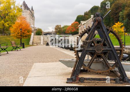 Rideau Canal Rideau Waterway autumn red leaves scenery. Fall foliage in Ottawa, Ontario, Canada. Stock Photo