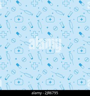 medical pattern with images of a syringe first aid kit pills cross and test tubes Stock Vector