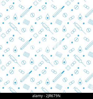 medical pattern with images of thermometer syringe pills cross and drops Stock Vector