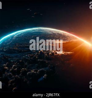 A planet with a view from space, cool things are happening on the planet and the sun on the background of the planet Stock Vector