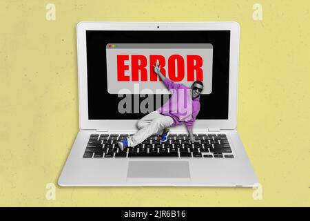 Collage photo of surrealistic fix computer laptop message error dancing guy bug professional worker isolated on painted background Stock Photo