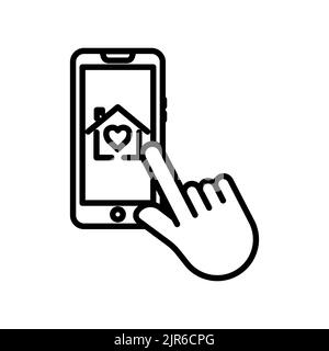 Hand touch icon with house of love in mobile phone. icon related to charity, affection, love. Line icon style. Simple design editable Stock Vector