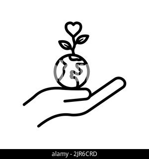 Hand icon with earth and heart plant. icon related to charity, affection, love. Line icon style. Simple design editable Stock Vector