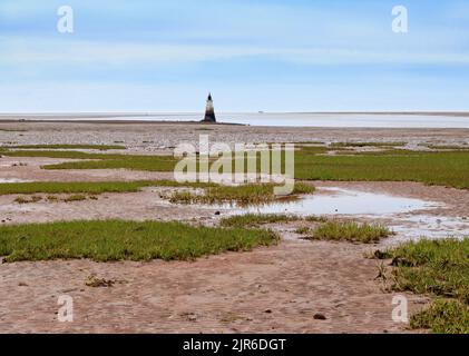 The grassy beach of Cockerham Sands at low tide, with Plover Scar lighthouse in the distance Stock Photo