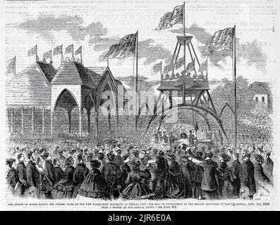 The Prince of Wales laying the corner stone of the new Parliament Buildings at Ottawa City, the Seat of Government of the British Provinces in North America, September 1st, 1860. Visit of Albert Edward, Prince of Wales (Edward VII), to Canada. 19th century illustration from Frank Leslie's Illustrated Newspaper