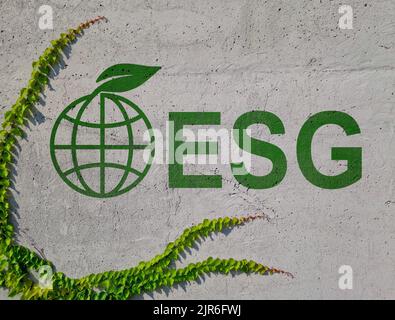 Wall with an inscription ESG Environmental, Social, and Governance and a globe and green leaves. Stock Photo