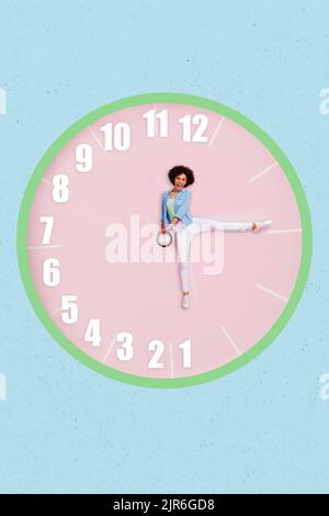 Creative photo artwork graphics collage of funny attractive flexible young girl legs instead clock arrows perfect balance time management Stock Photo